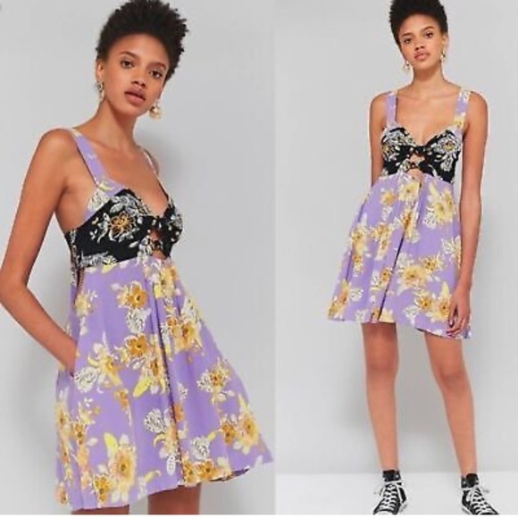 Free People Baby It's You‎ Floral Mini Dress in Purple Combo size XSmall Cut-out - Picture 1 of 13